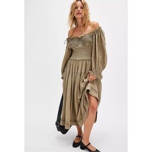 Free People Bohemian Witchy Gypsy Midi Maxi Gauze Dress Olive Large Renaissance